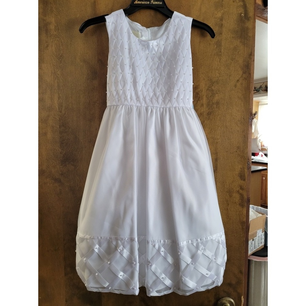 American Princess Girl White First Communion Dress Pearl Lattice Hem Size 10 NWT